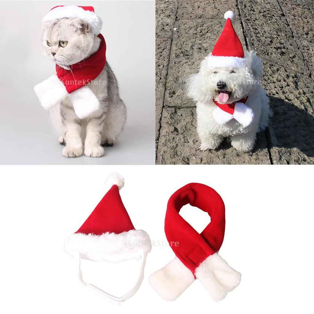 Adjustable Pet Dog Cat Christmas Santa Hat with Scarf Xmas Costume Dress S