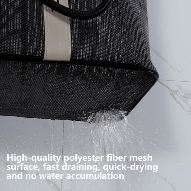 Polyester Fiber Mesh Shower Bag Tote Handbag Bath Shampoo Organizer (Long Type) - Black