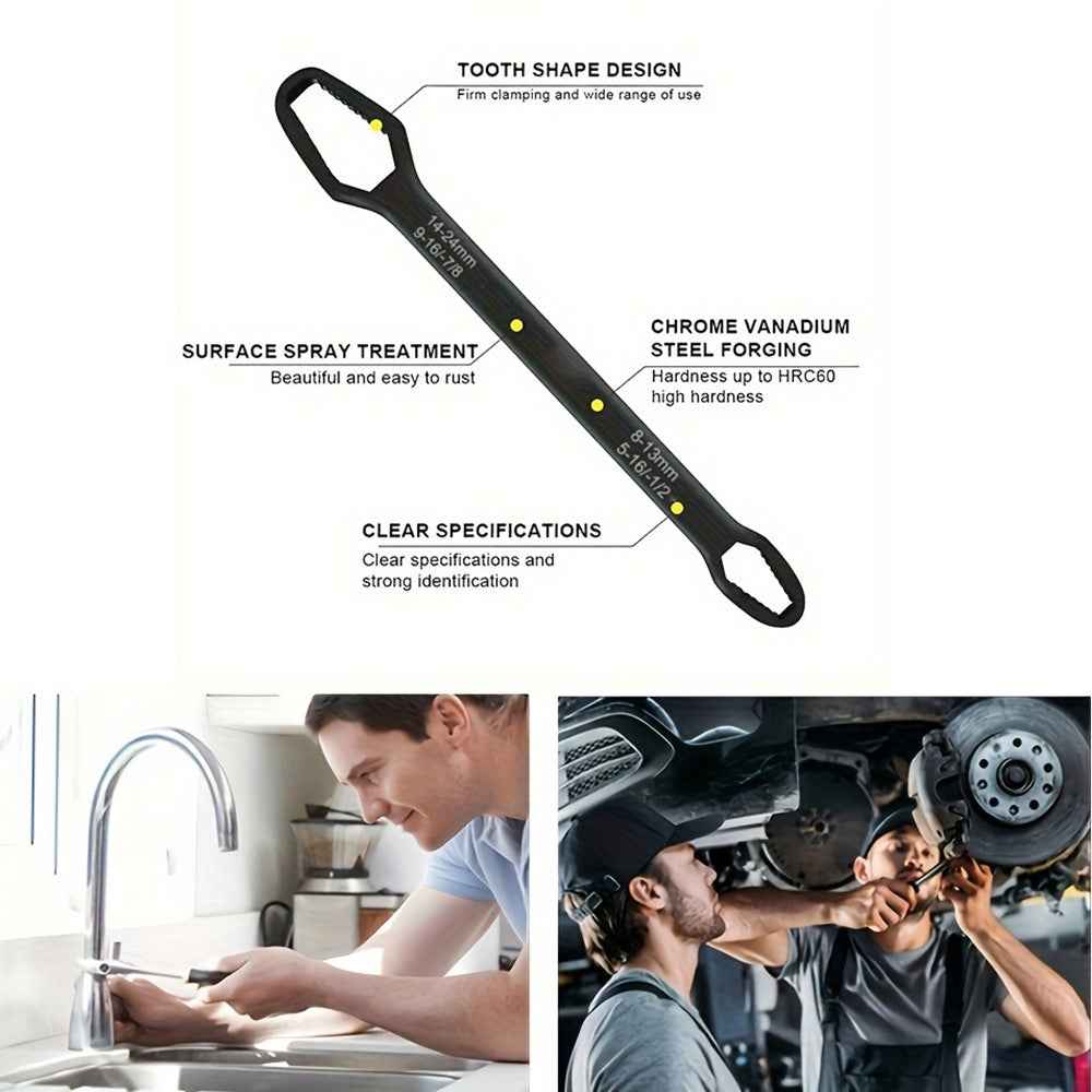 230mm Universal Torx Wrench 8-24mm Chrome Vanadium Steel Double-Head Self-Tightening Wrench - Black