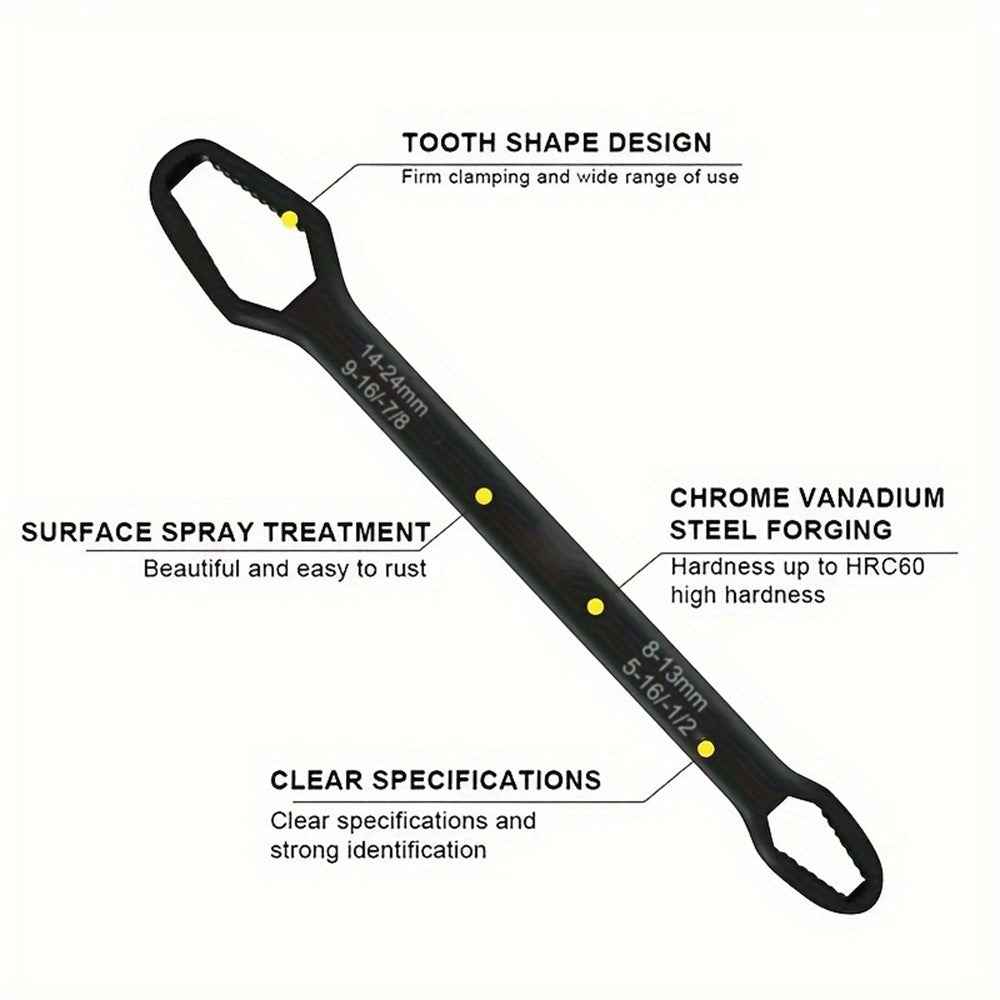 230mm Universal Torx Wrench 8-24mm Chrome Vanadium Steel Double-Head Self-Tightening Wrench - Black