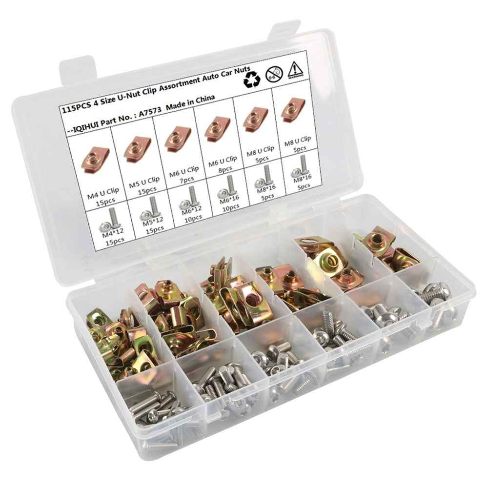 A7573 115PCS M4 M5 M6 M8 Hammer Head Drop U-Nut Clip Assortment Kit with Plastic Box