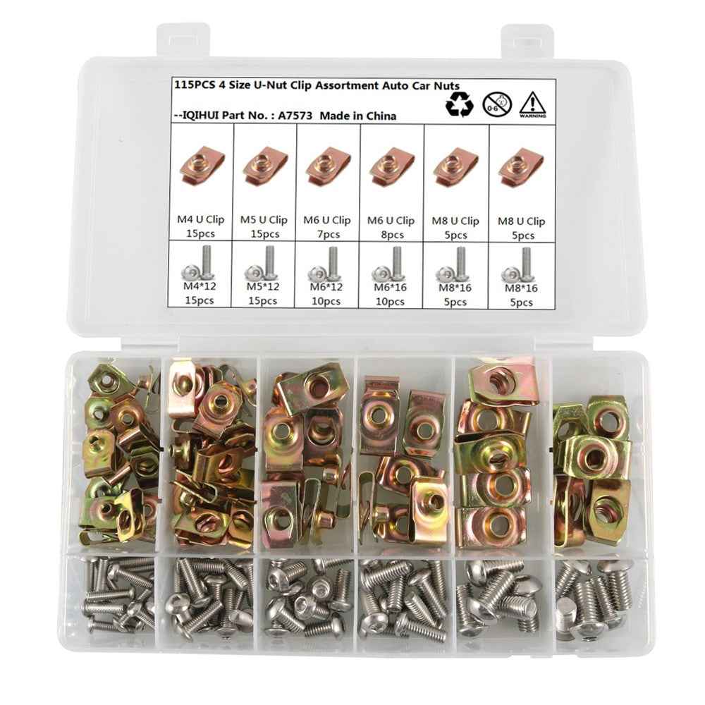 A7573 115PCS M4 M5 M6 M8 Hammer Head Drop U-Nut Clip Assortment Kit with Plastic Box