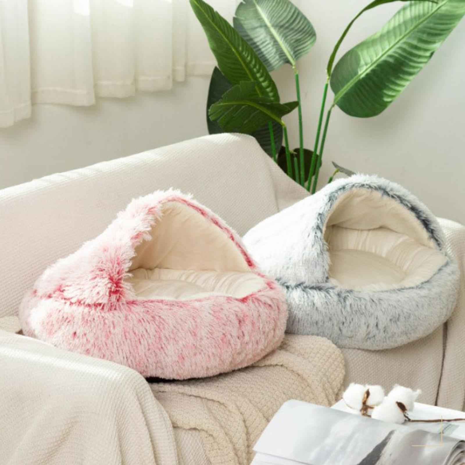 Round Plush Pet Dog Cat Bed Fluffy Warm Calming Sleeping Kennel 40cm Pink