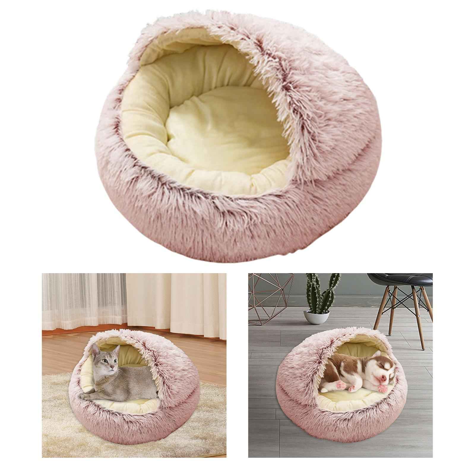 Round Plush Pet Dog Cat Bed Fluffy Warm Calming Sleeping Kennel 40cm Pink
