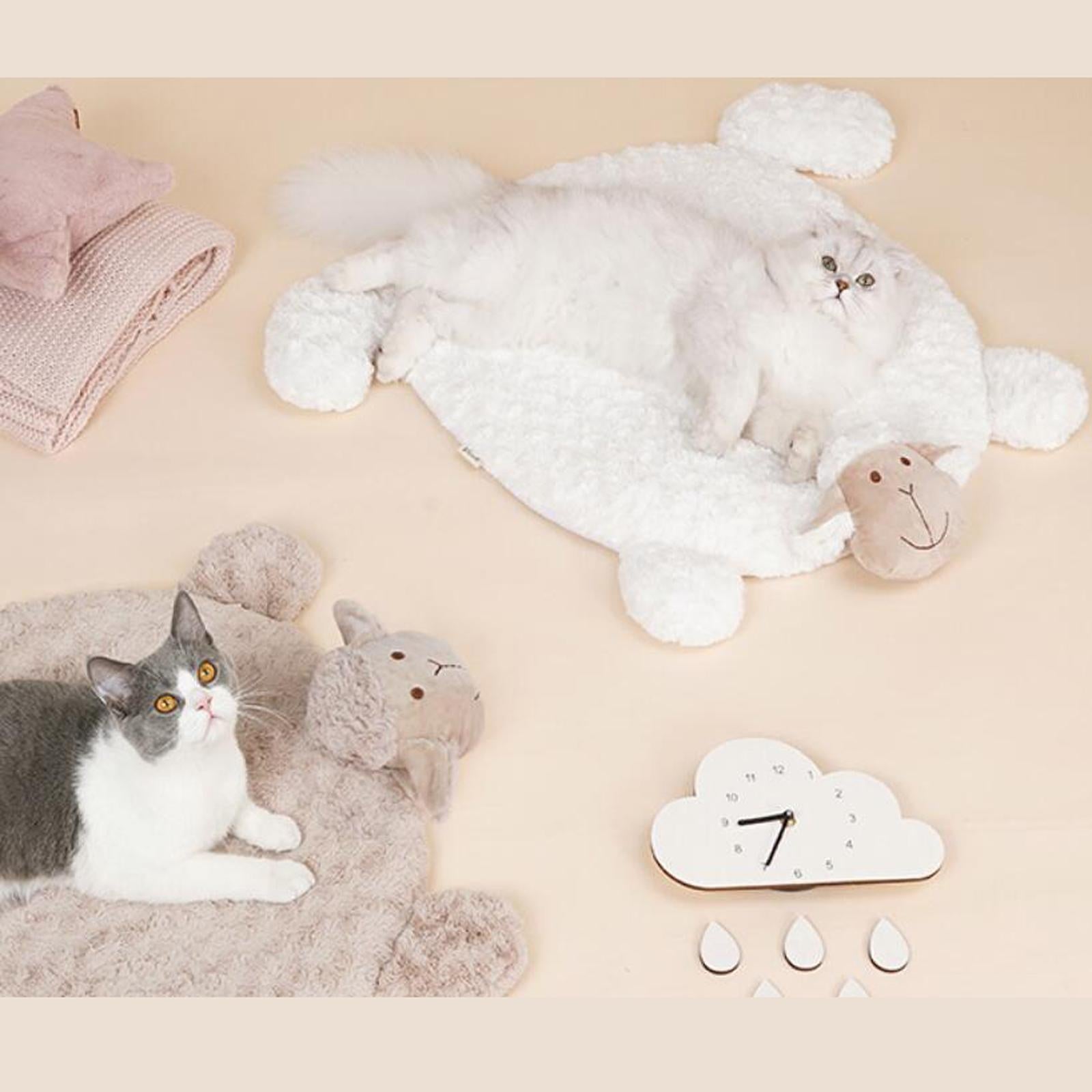 Cat Bed Washable Entry Pad Faux Fur Cozy Sheep Shaped Pet Mat for Floor Milk Tea Color