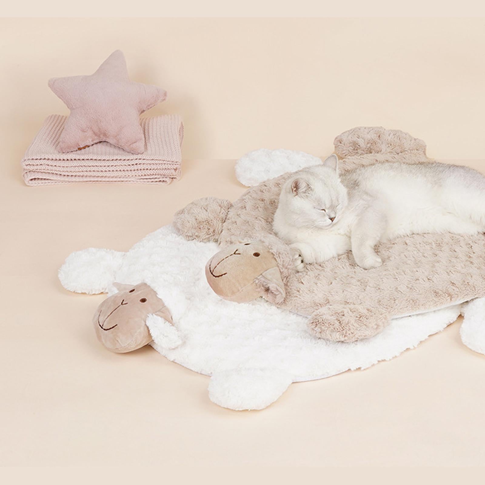 Cat Bed Washable Entry Pad Faux Fur Cozy Sheep Shaped Pet Mat for Floor Milk Tea Color