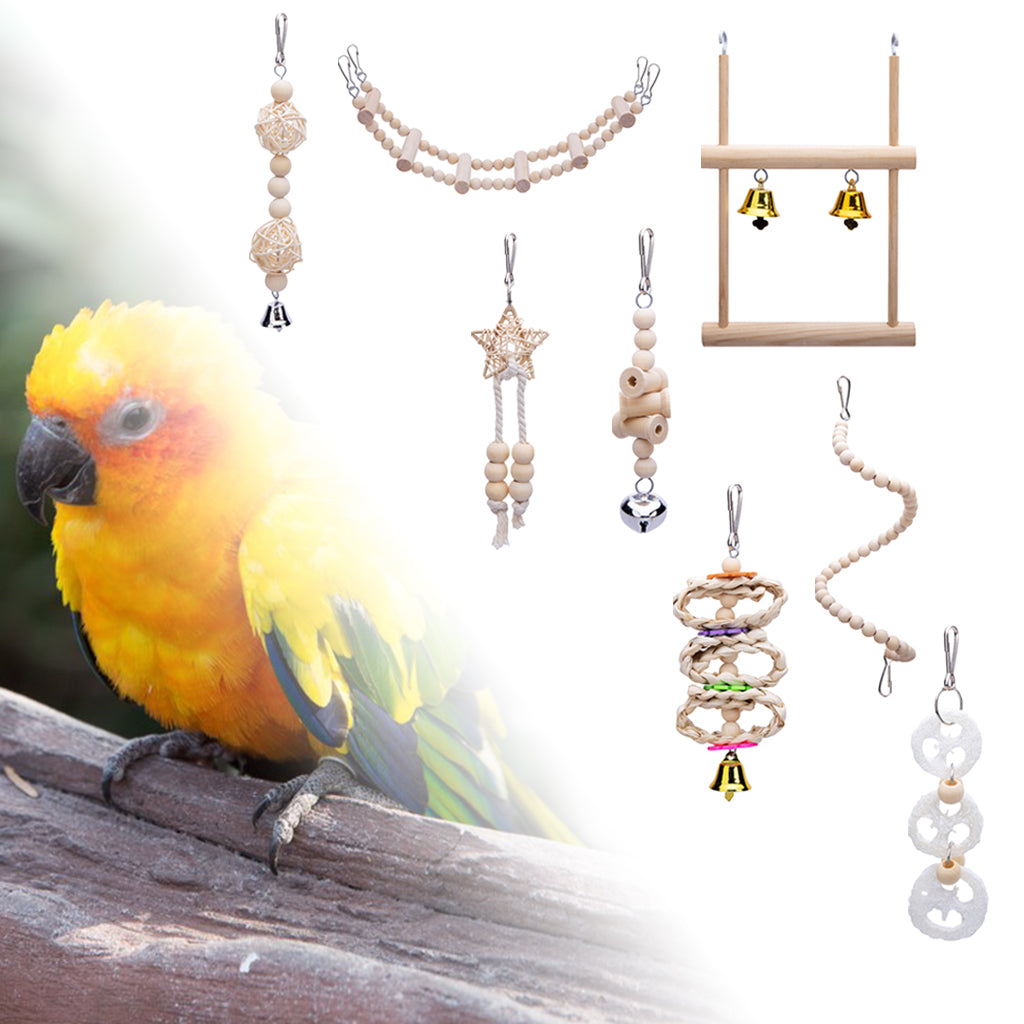 8x Parrot Chewing Toys Wood Ladder Stand Budgie Cockatiel Cage Bird Toy Set
