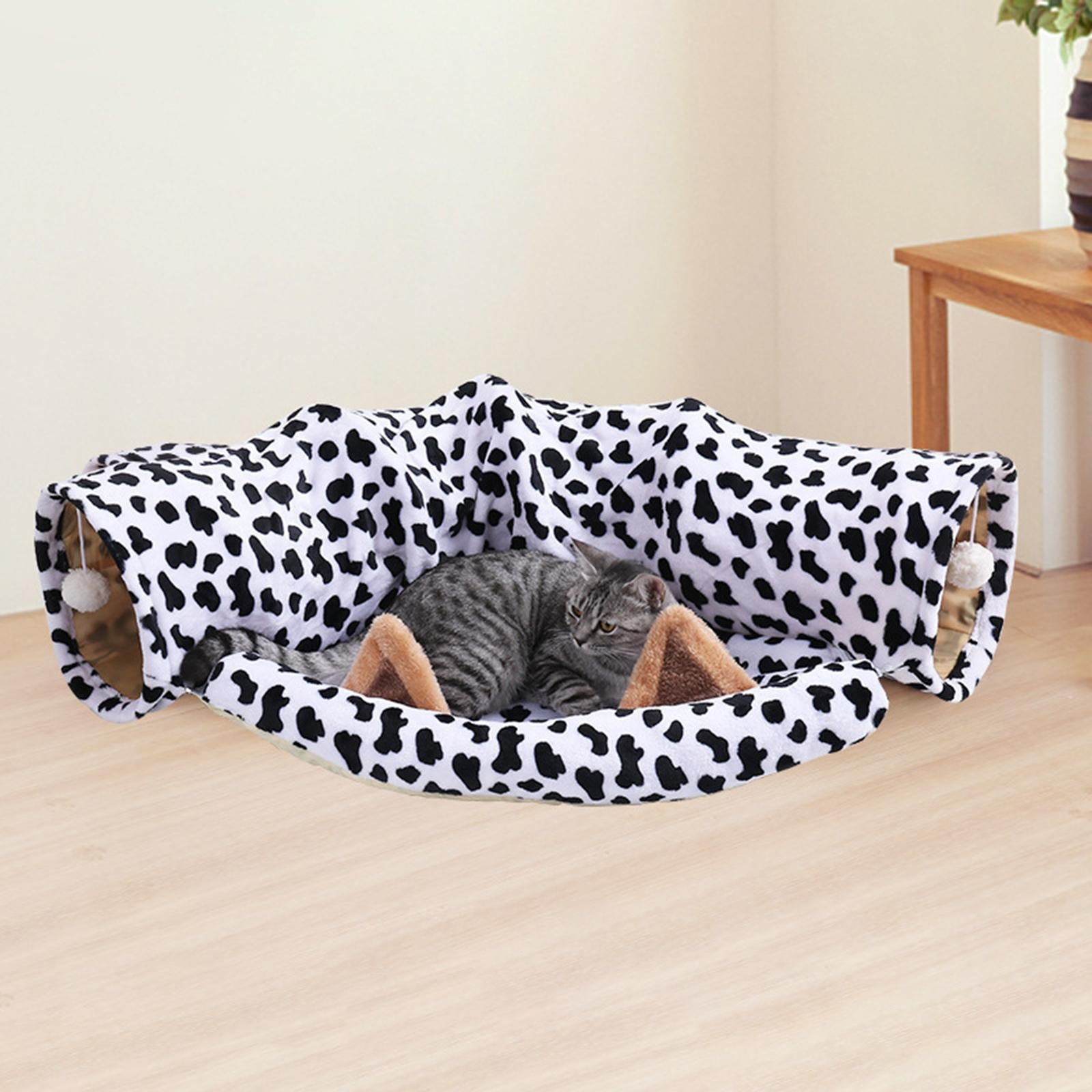 2-In-1 Cat Tunnel Tube Cushion Play Pet Toy Interactive Bedding Black white