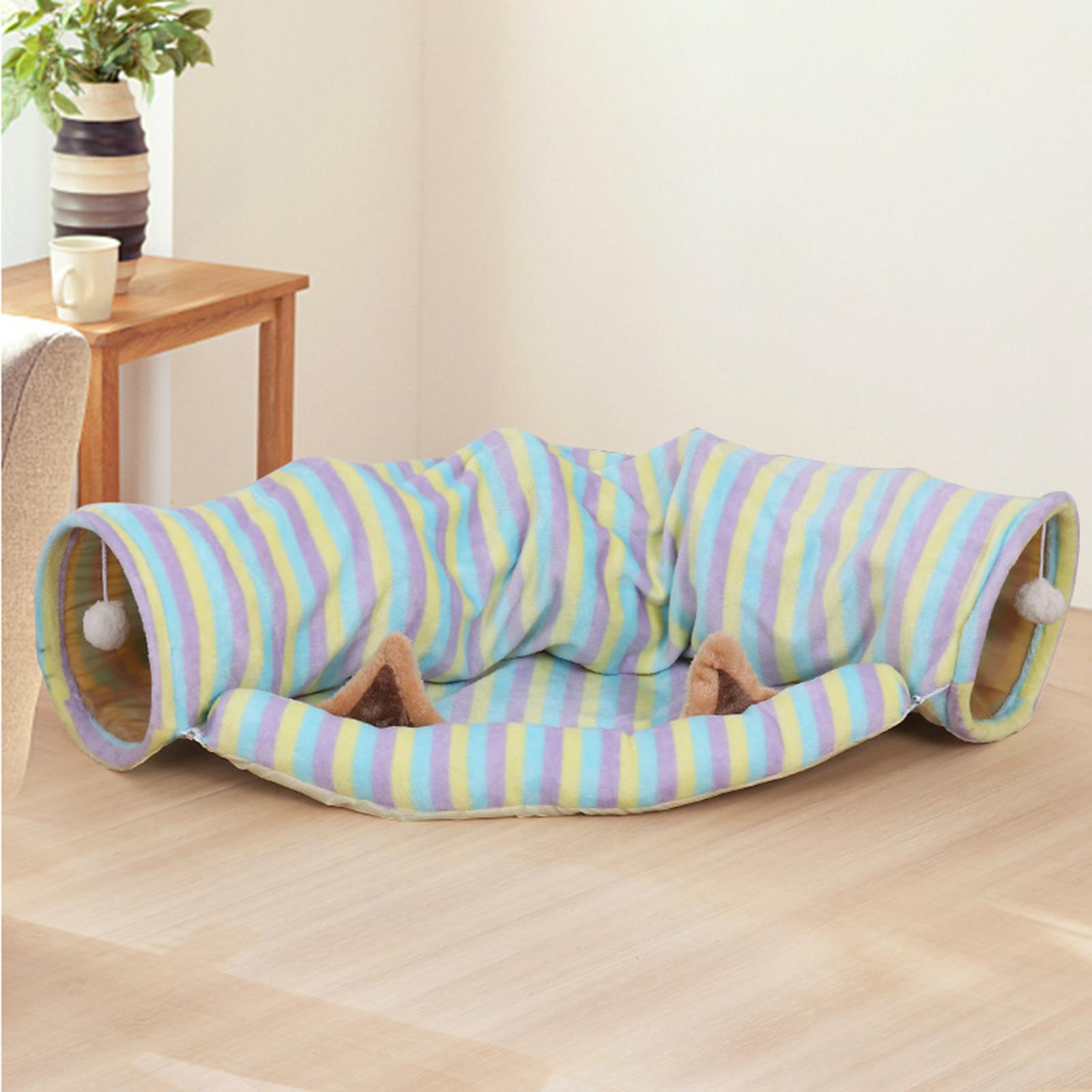 2-In-1 Cat Tunnel Tube Cushion Play Pet Toy Interactive Bedding Color bars