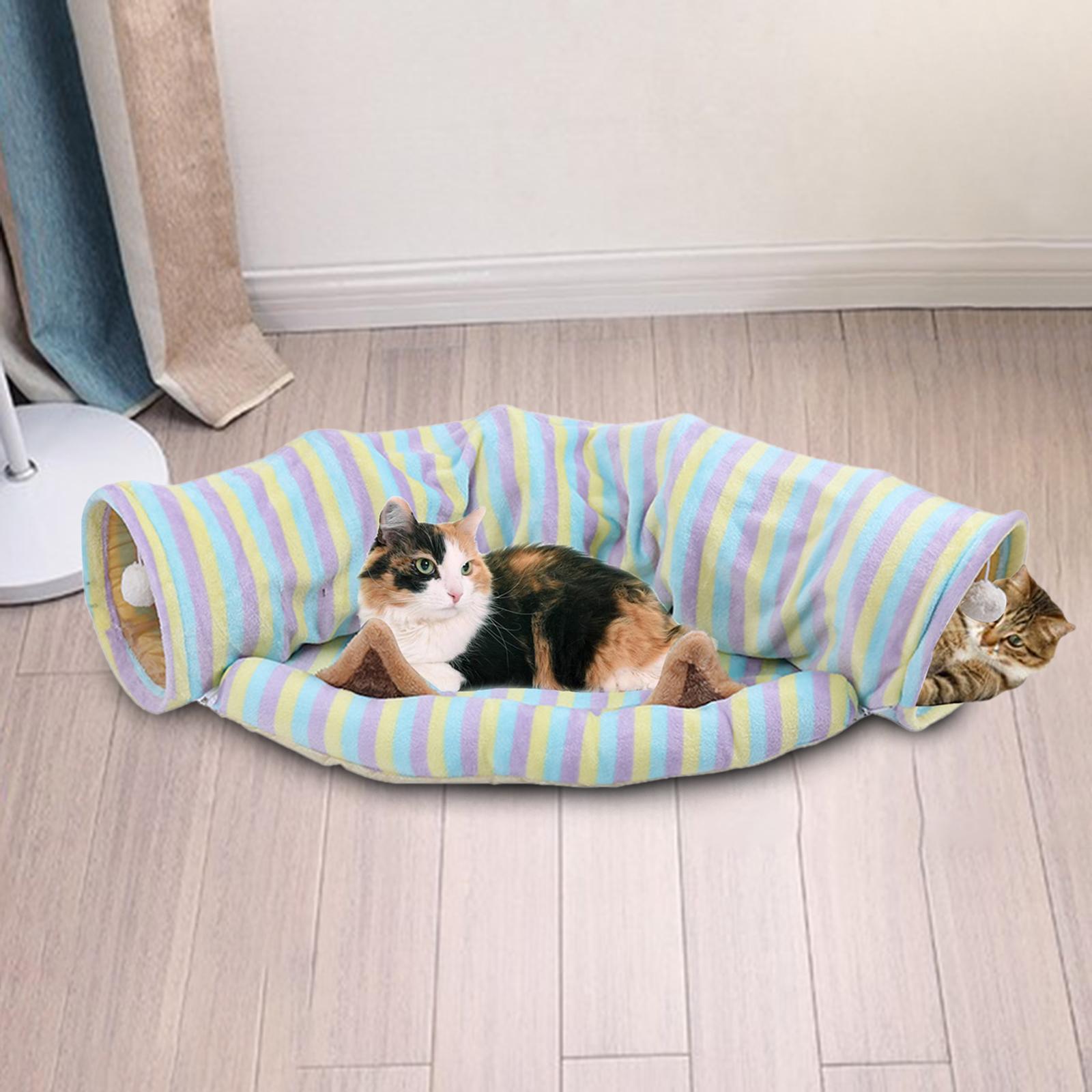 2-In-1 Cat Tunnel Tube Cushion Play Pet Toy Interactive Bedding Color bars