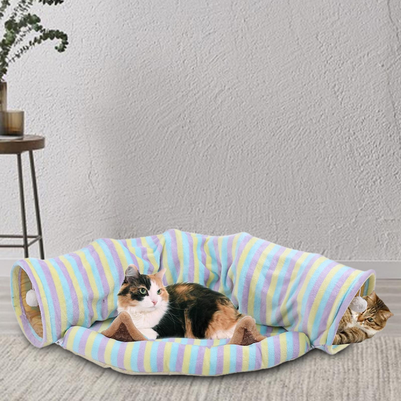 2-In-1 Cat Tunnel Tube Cushion Play Pet Toy Interactive Bedding Color bars