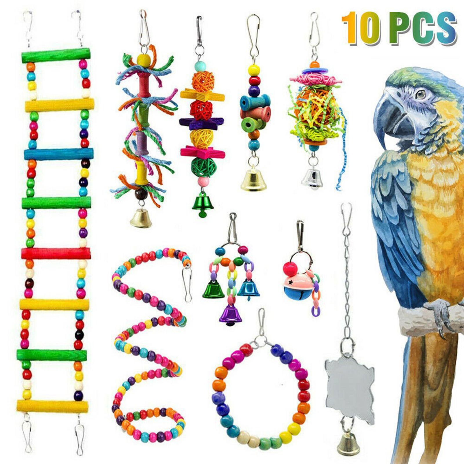 10Pcs Parrot Swing Toys Natural Wood Beads for Finches Parakeet Conures