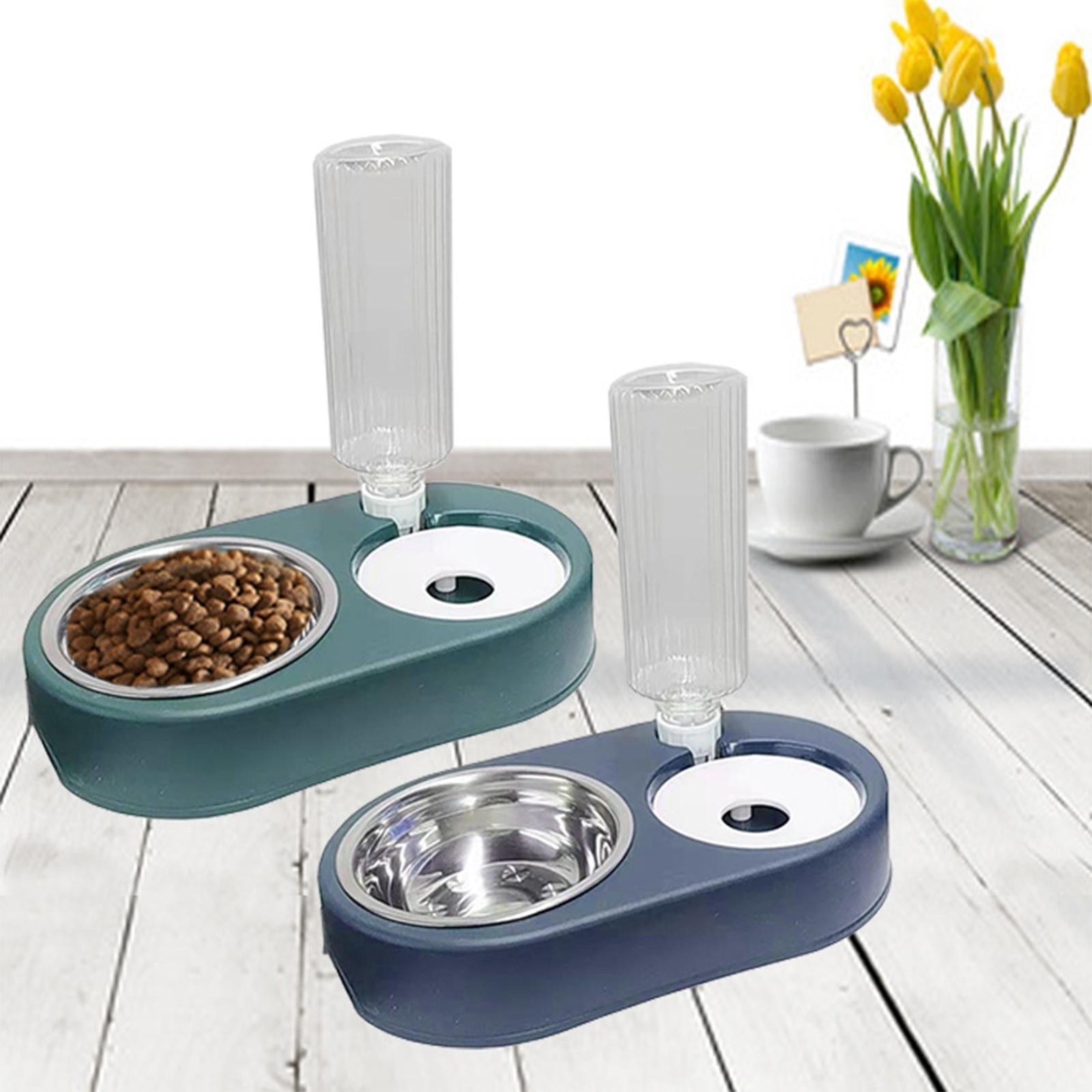 2 in 1 Cat Water and Food Bowls Set with Automatic Waterer Bottle for Puppy Blue