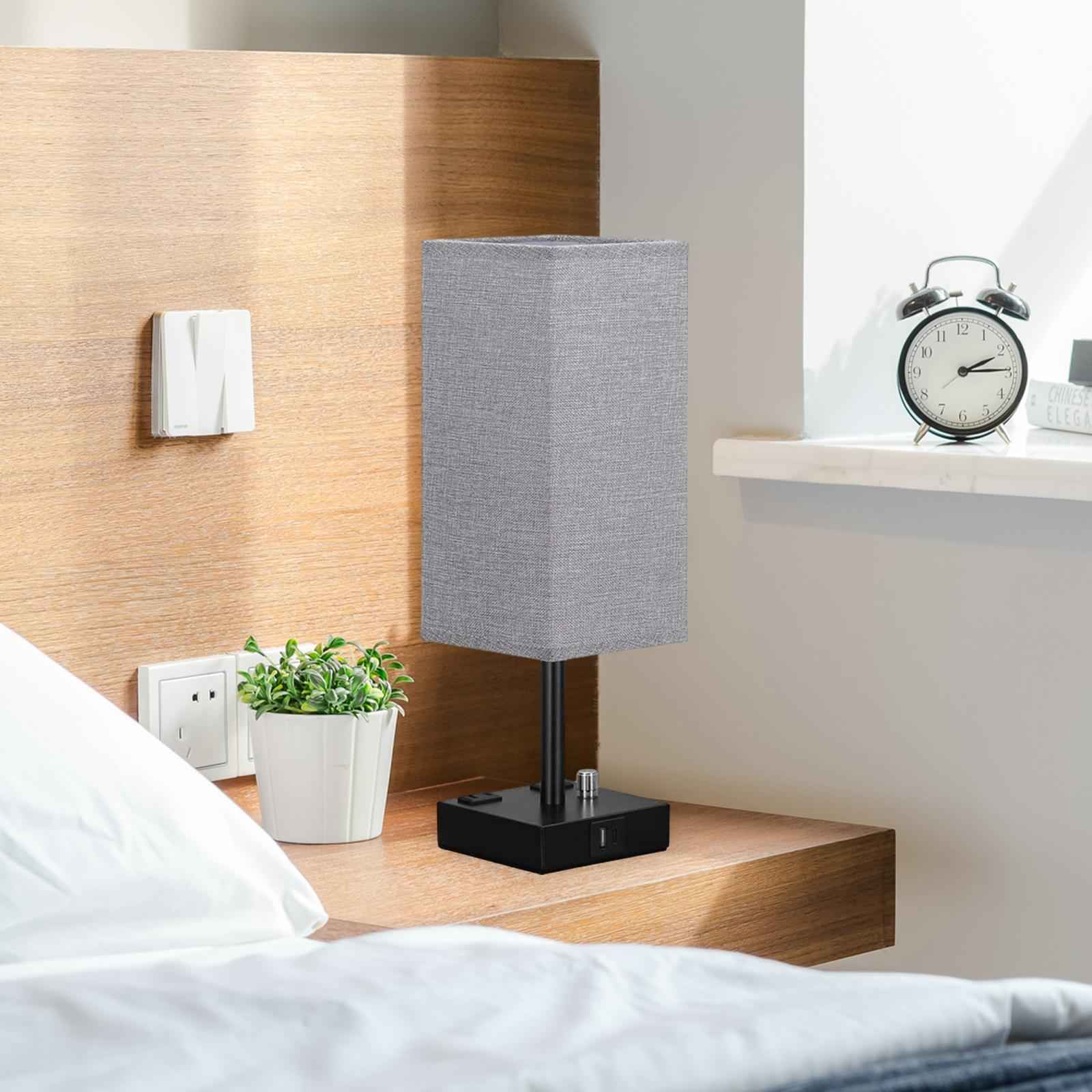 Bedside Lamp with USB Port with Outlet with Black Metal Base Bedroom Lamp Gray