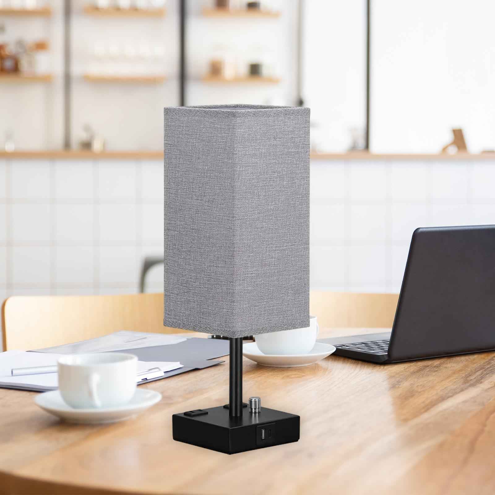 Bedside Lamp with USB Port with Outlet with Black Metal Base Bedroom Lamp Gray