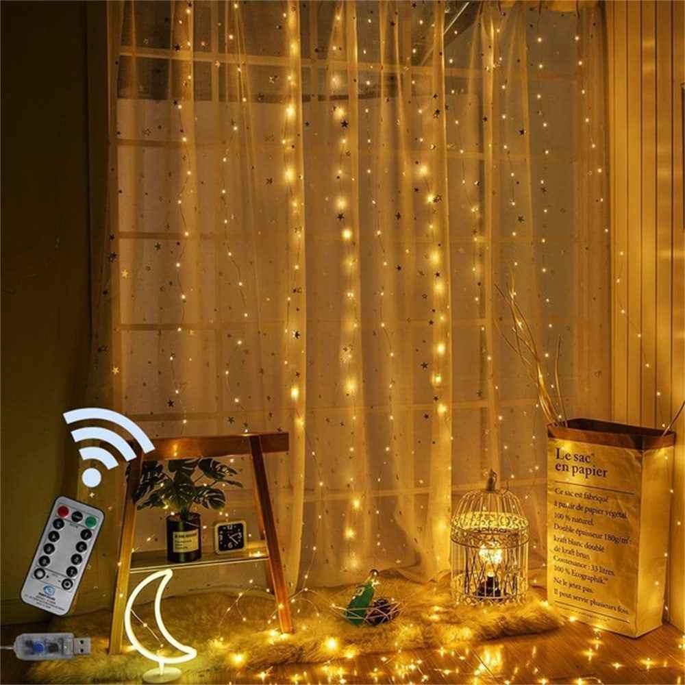 3 x 3m 300 LEDs USB Powered Copper Wire Curtain Lamp Waterfall Fairy String Light Festival Decoration - White Light