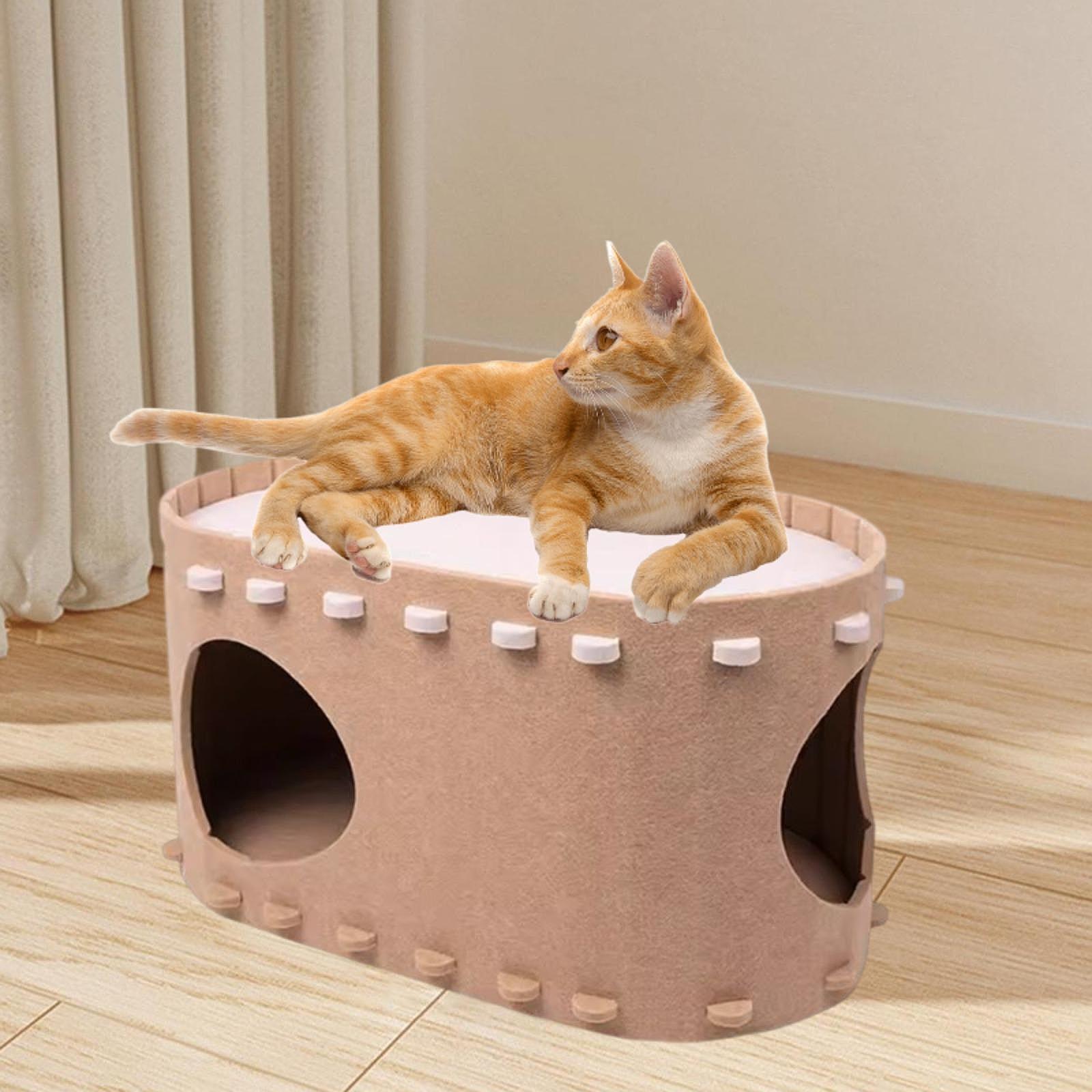 Cat Bed Cave Cat Tunnel Tent Hut Multiple Cats Enclosed Bed Warm Cat House Khaki