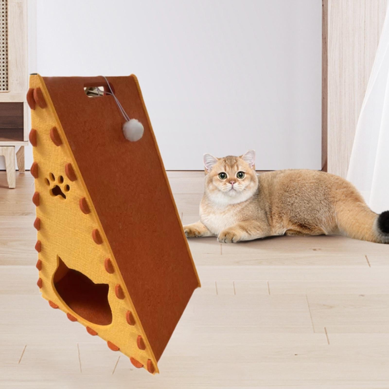 Cat House Indoor Use Privacy Cat Bed Cave Felt Enclosed Interactive Ball Toy Orange Yellow