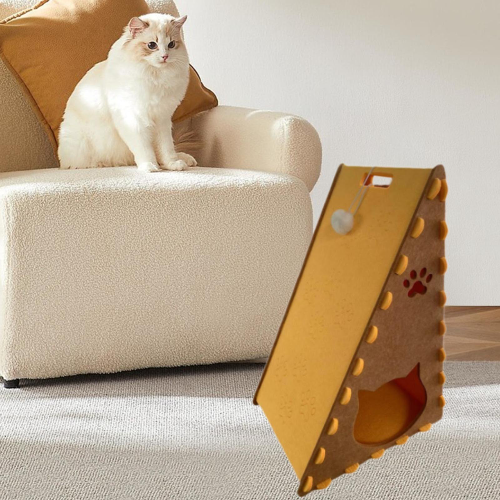 Cat House Indoor Use Privacy Cat Bed Cave Felt Enclosed Interactive Ball Toy Brown Yellow