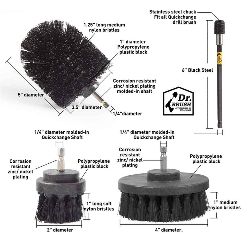 HX666 4pcs/set Drill Power Scrub Clean Brush Kit Electric Cleaning Brushes Set for Car Grout Tiles Bathroom - Black