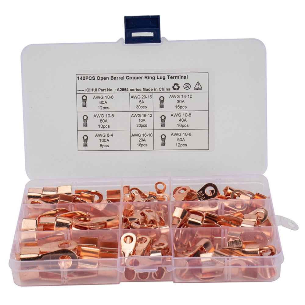 A2964 140Pcs 5A / 10A / 20A / 30A / 40A / 50A / 60A / 80A / 100A Open Barrel Terminals Set Wire Crimp Cable Lugs Copper Terminal Connectors with Storage Box