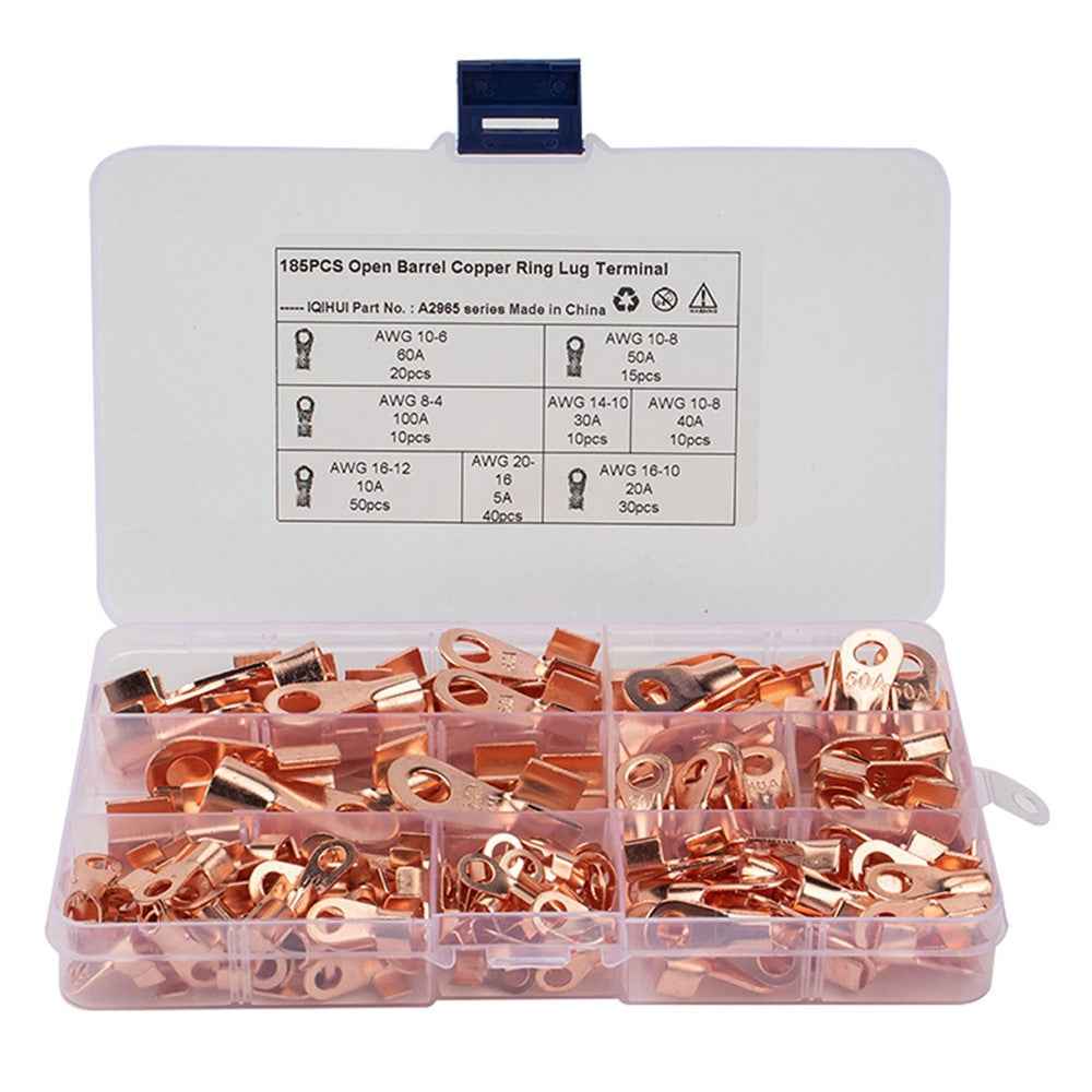 A2965 185Pcs Open Barrel Terminals Set 5A / 10A / 20A / 30A / 40A / 50A / 60A / 100A Wire Crimp Cable Lugs Copper Terminal Connectors with Storage Box