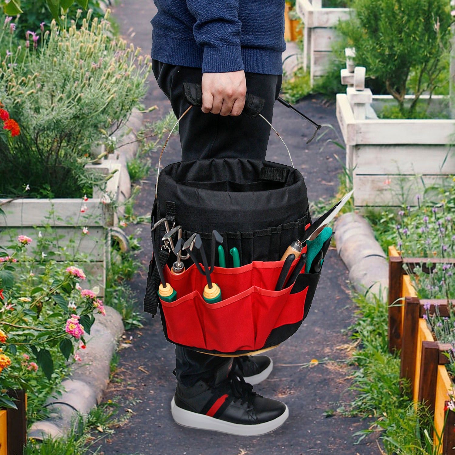 Oxford Cloth Garden Tool Storage Bag 42 Pockets Gardening Tools Bag - Red+Black