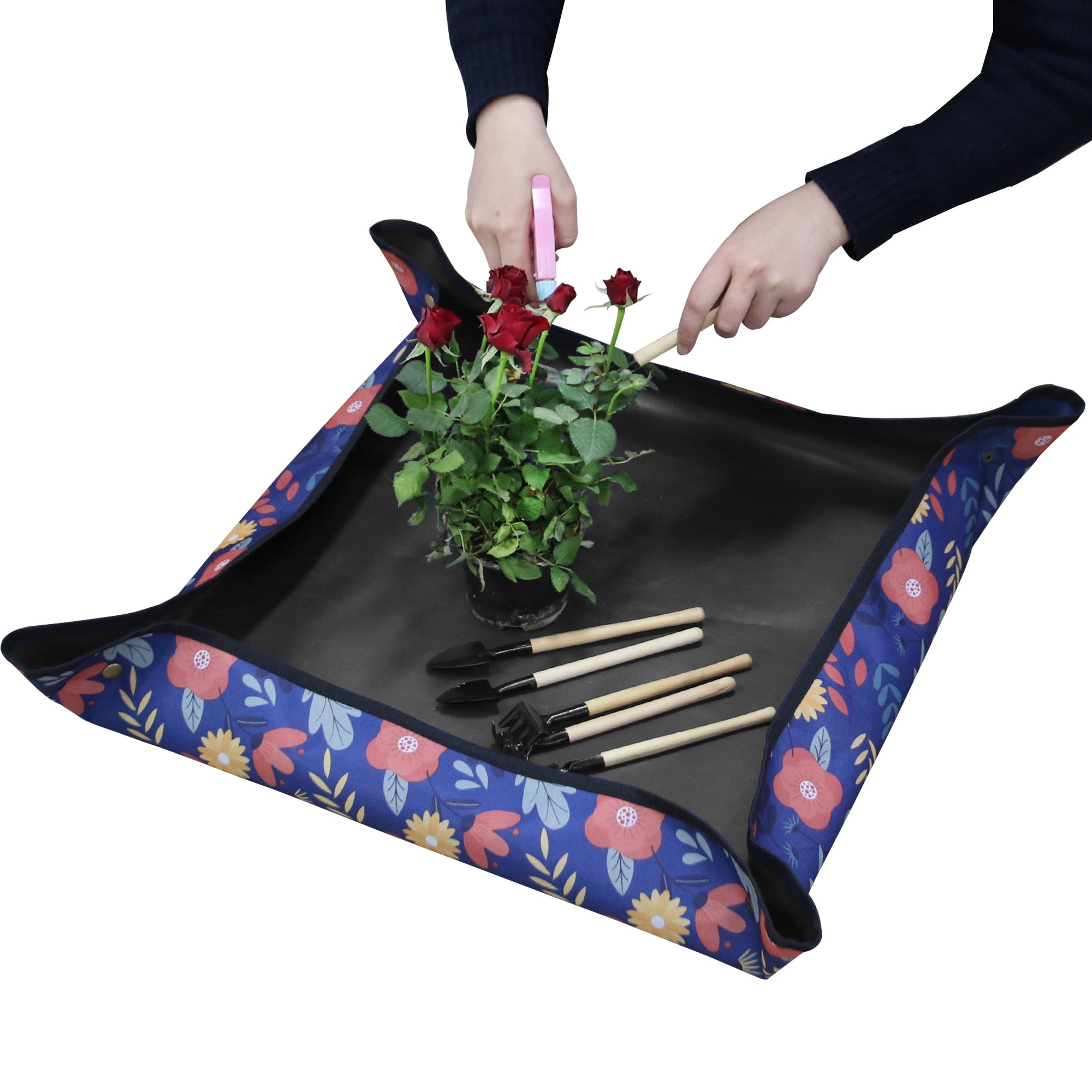 75x75cm Plant Transplanting Mat 600D PVC Oxford Cloth Waterproof Succulent Repotting Anti-dirty Mat - Flower / Blue