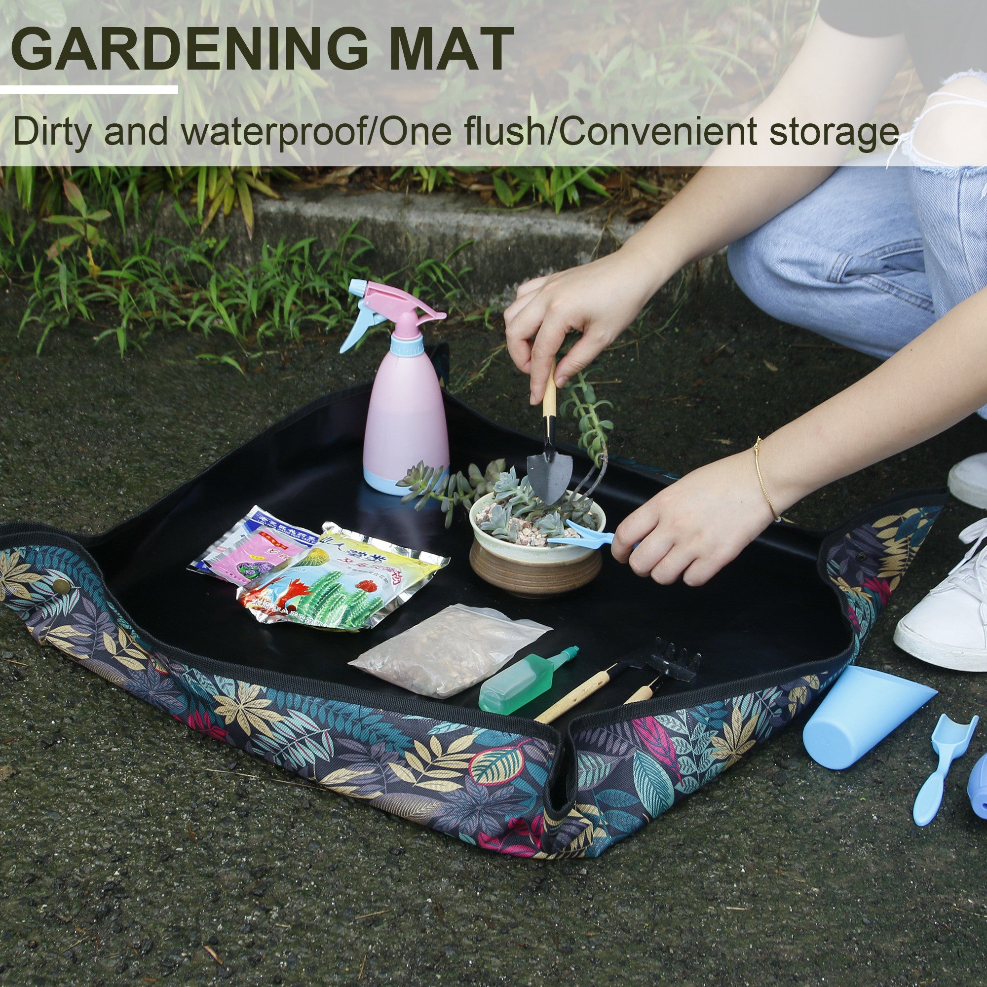 75x75cm Plant Transplanting Mat 600D PVC Oxford Cloth Waterproof Succulent Repotting Anti-dirty Mat - Flower / Blue