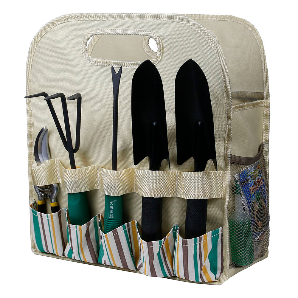 Multiple Pockets Oxford Cloth + PE Board Garden Hand Tools Tote Storage Bag - Stripes+Beige