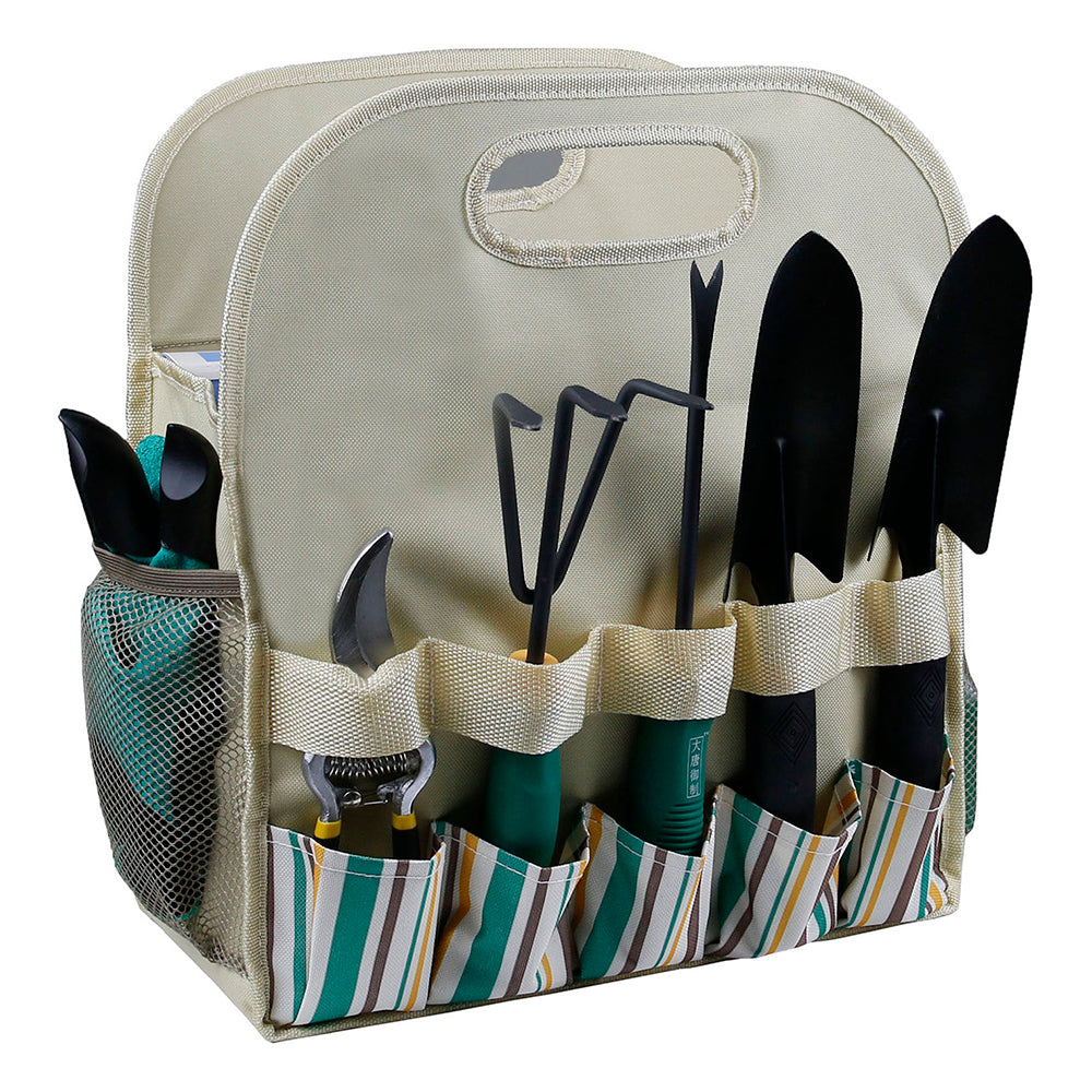 Multiple Pockets Oxford Cloth + PE Board Garden Hand Tools Tote Storage Bag - Stripes+Beige