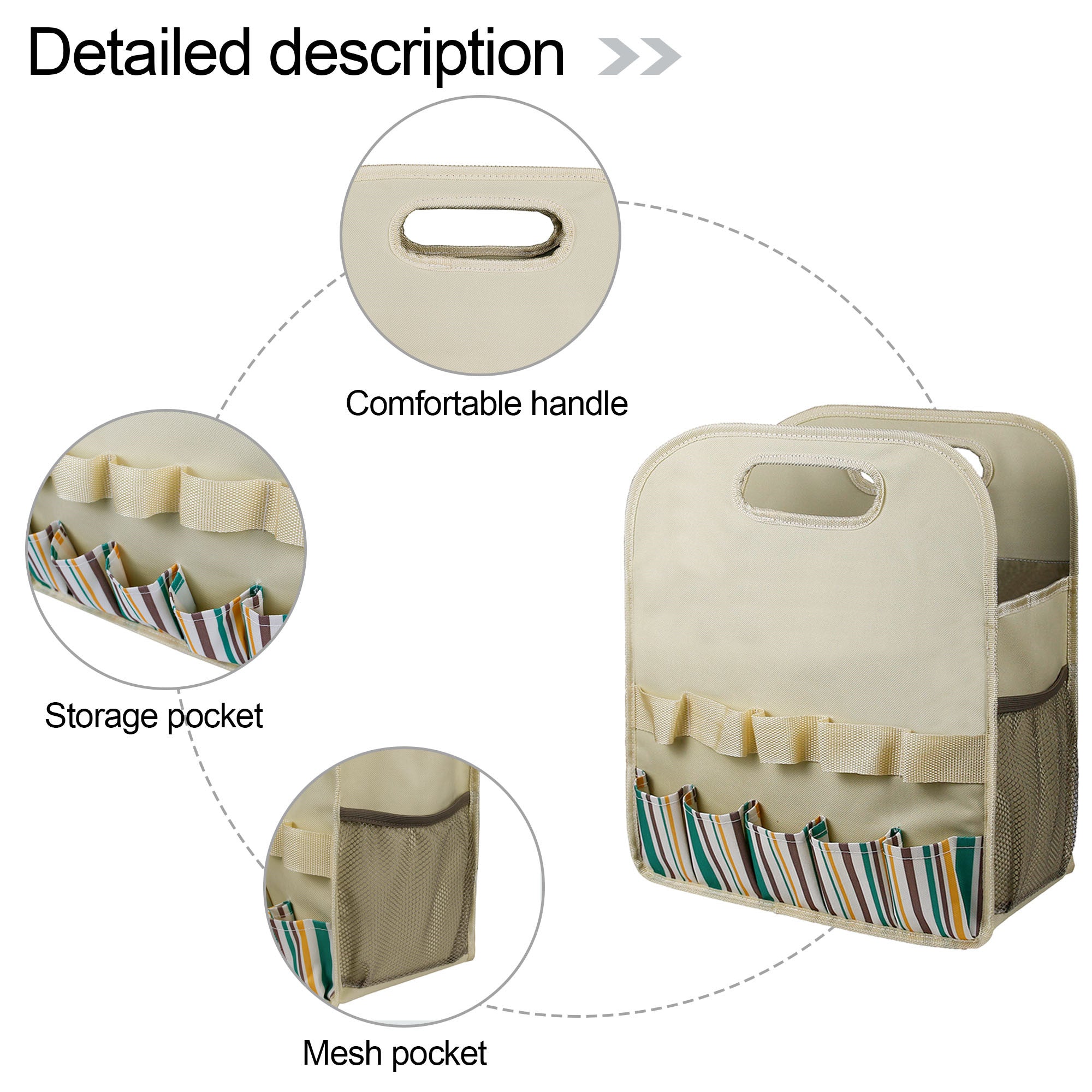 Multiple Pockets Oxford Cloth + PE Board Garden Hand Tools Tote Storage Bag - Stripes+Beige