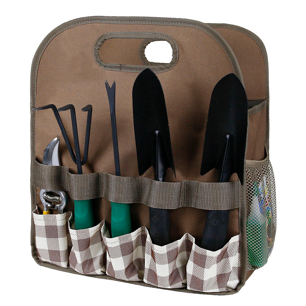 Multiple Pockets Oxford Cloth + PE Board Garden Hand Tools Tote Storage Bag - Grids+Coffee