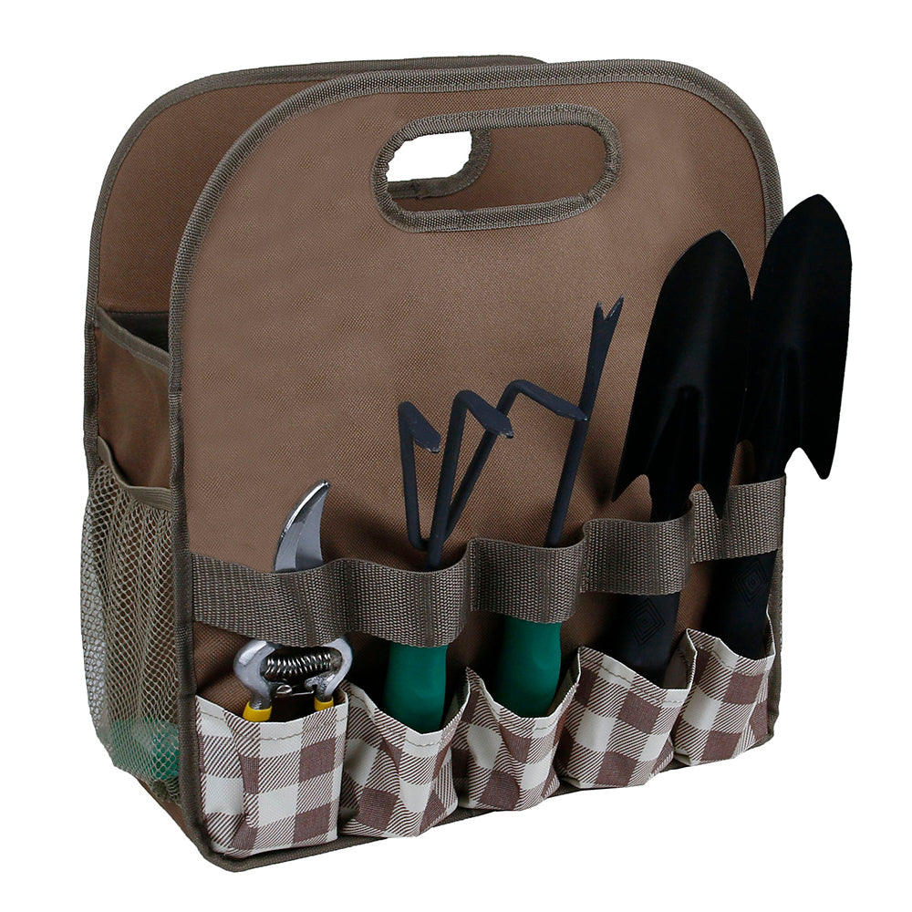 Multiple Pockets Oxford Cloth + PE Board Garden Hand Tools Tote Storage Bag - Grids+Coffee