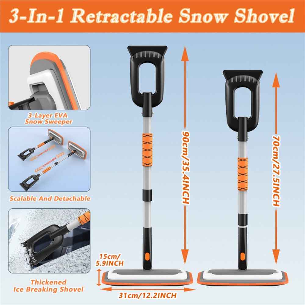 Car Snow Brush Ice Scraper 3 in 1 Extendable Aluminum Alloy Winter Snow Removal Tool - Orange