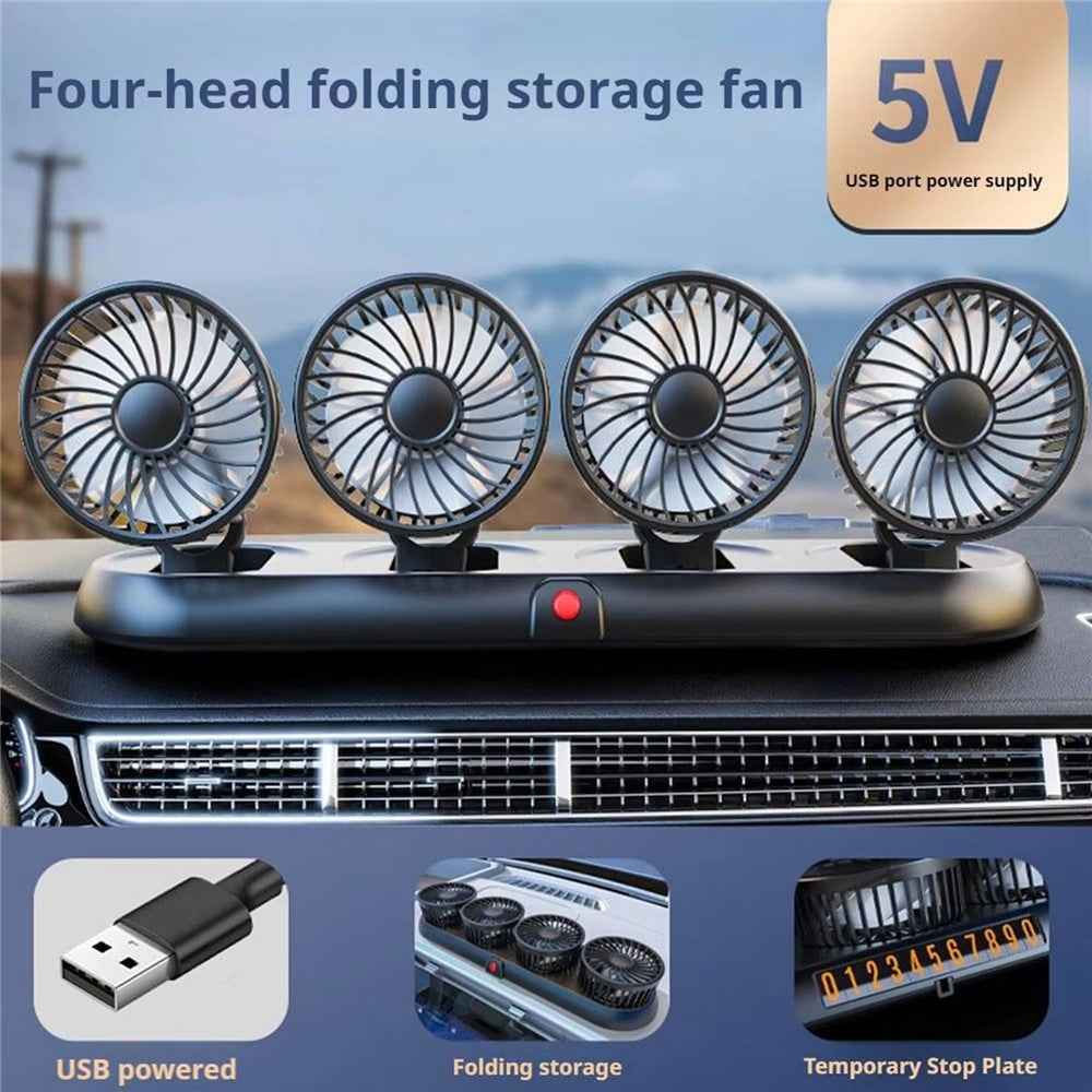Four Head Folding Car Fan 360 Degree Rotation Auto Dashboard Cooling Fan for Vehicle Use - White  /  5V USB Port