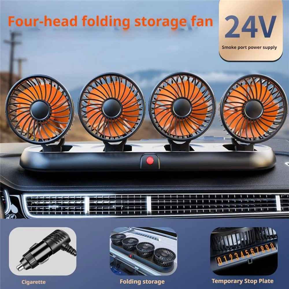 Four Head Folding Car Fan 360 Degree Rotation Auto Dashboard Cooling Fan for Vehicle Use - Orange  /  24V Cigarette Lighter Port