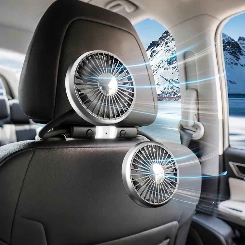 360 Degree Rotation Double Head 12V 24V Car Back Seat Fan 3-Speed Wind Adjustment USB Cooling Fan - Black