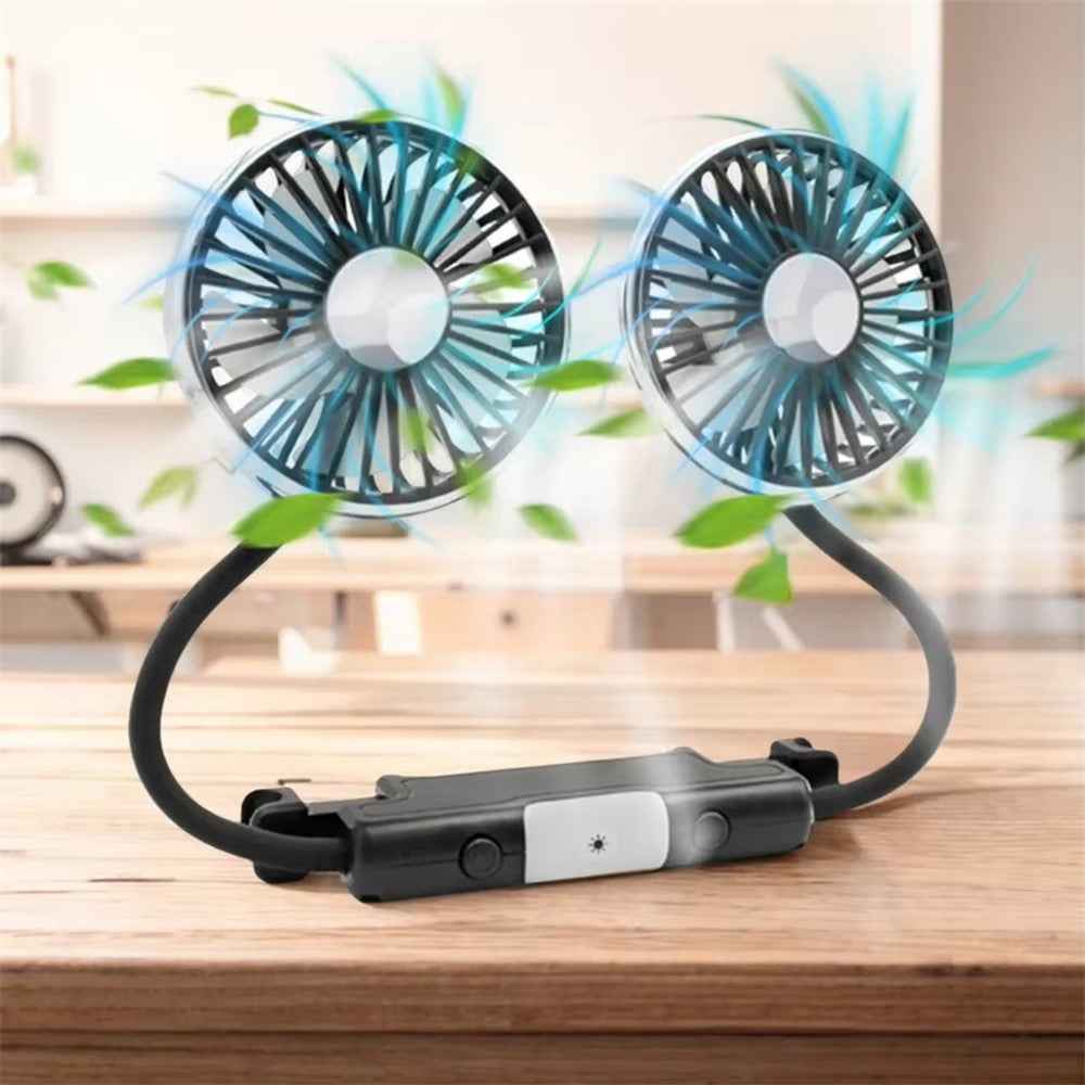 360 Degree Rotation Double Head 12V 24V Car Back Seat Fan 3-Speed Wind Adjustment USB Cooling Fan - Black