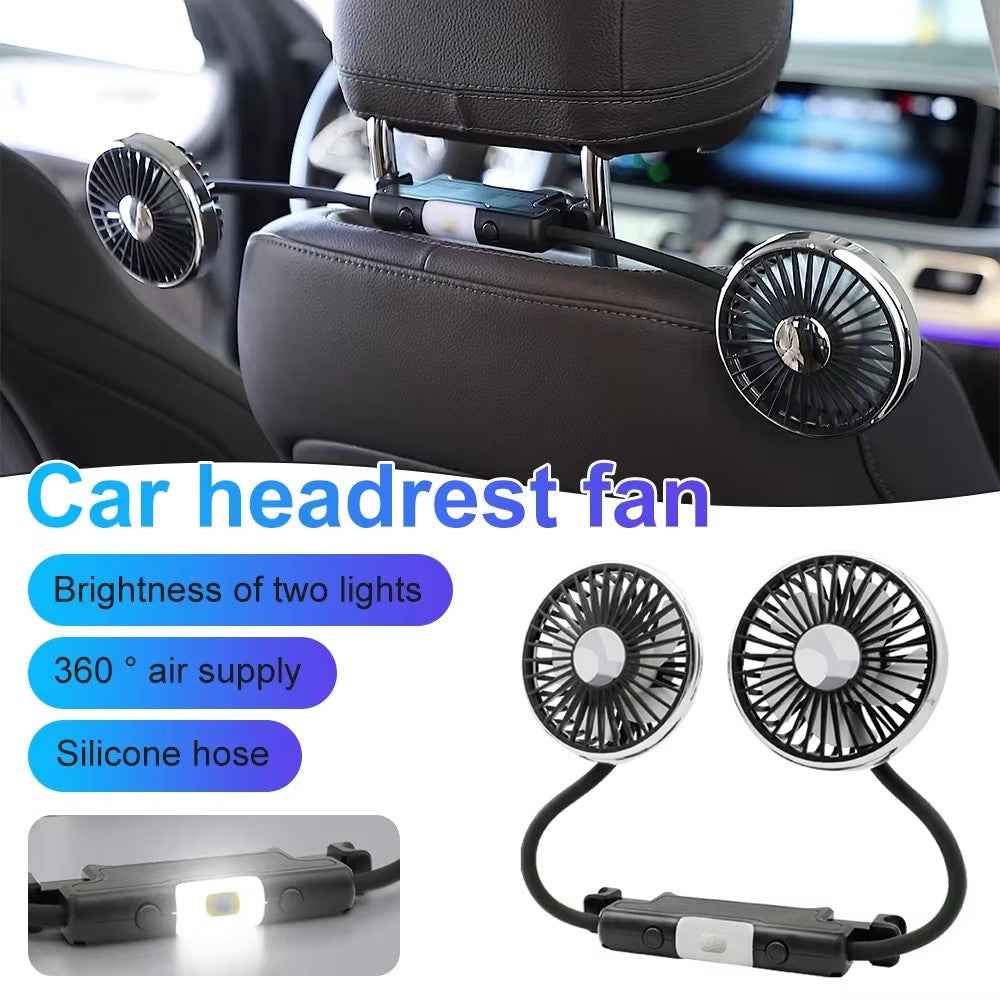 360 Degree Rotation Double Head 12V 24V Car Back Seat Fan 3-Speed Wind Adjustment USB Cooling Fan - Black