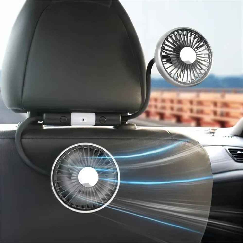360 Degree Rotation Double Head 12V 24V Car Back Seat Fan 3-Speed Wind Adjustment USB Cooling Fan - Black