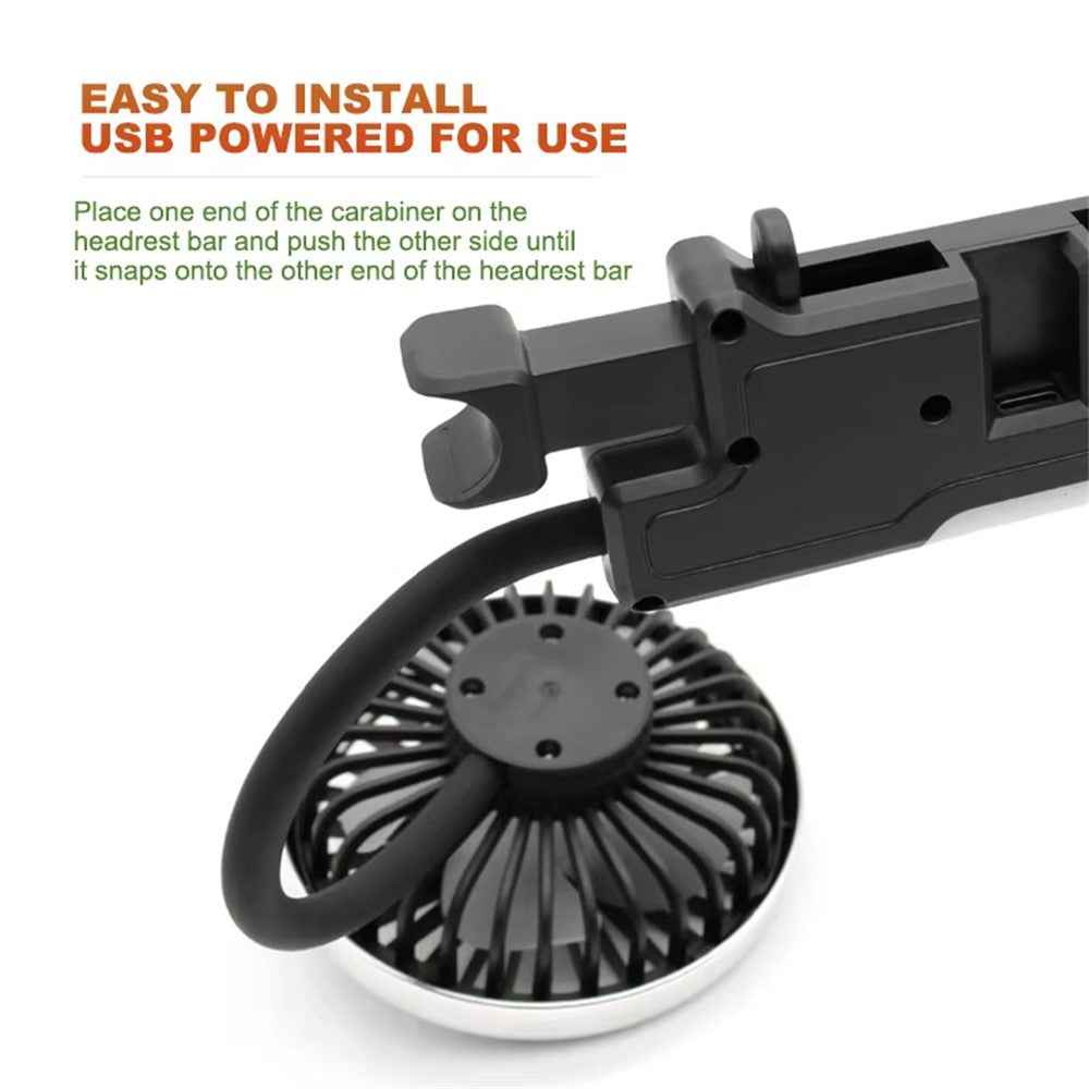 360 Degree Rotation Double Head 12V 24V Car Back Seat Fan 3-Speed Wind Adjustment USB Cooling Fan - Black