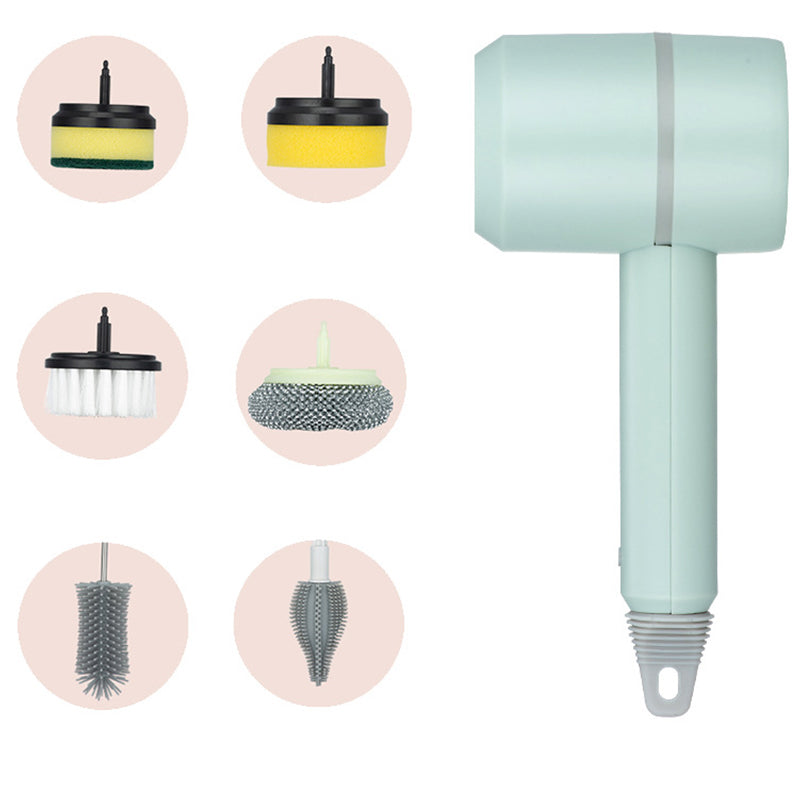 Electric Wireless Brush 3 Gears Cleaning Brush Strong Power Cleaning Tool with 6 Replaceable Brush Heads - Green