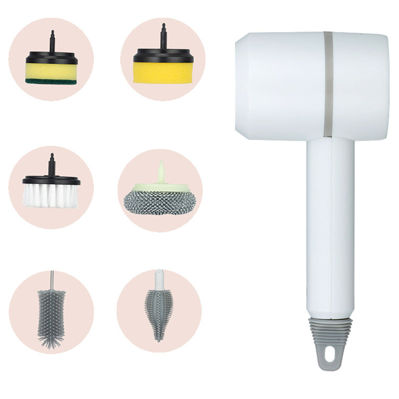 Electric Wireless Brush 3 Gears Cleaning Brush Strong Power Cleaning Tool with 6 Replaceable Brush Heads - White