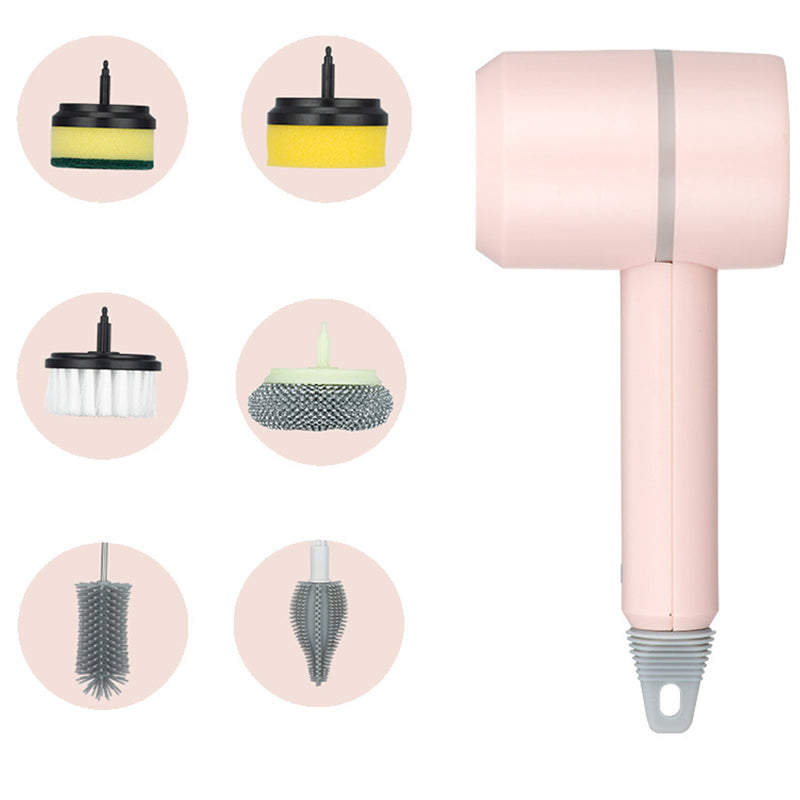 Electric Wireless Brush 3 Gears Cleaning Brush Strong Power Cleaning Tool with 6 Replaceable Brush Heads - Pink