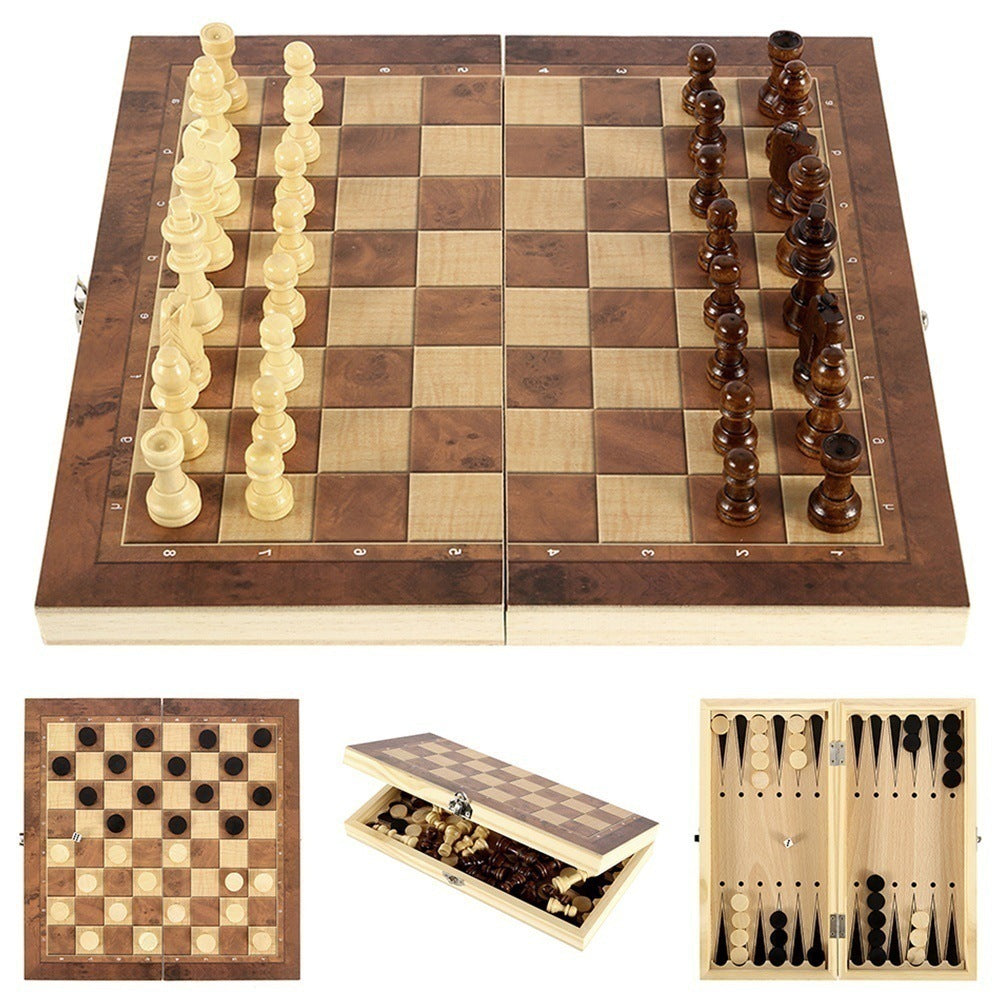 34x34cm Folding Chessboard Game 3-in-1 Multifunctional Wooden Chess Set for Adults and Kids