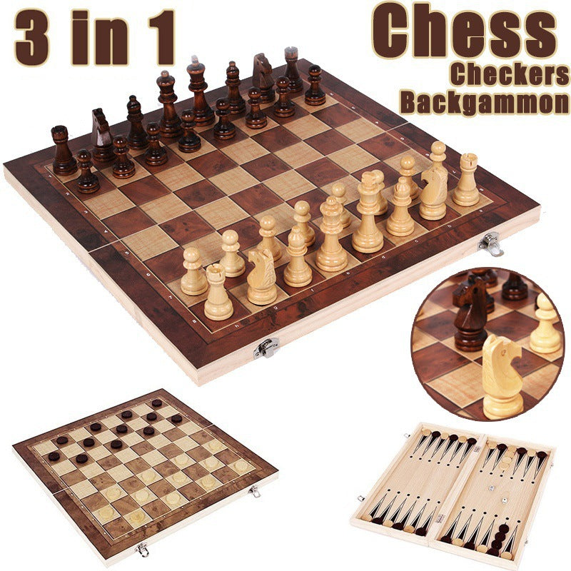 34x34cm Folding Chessboard Game 3-in-1 Multifunctional Wooden Chess Set for Adults and Kids