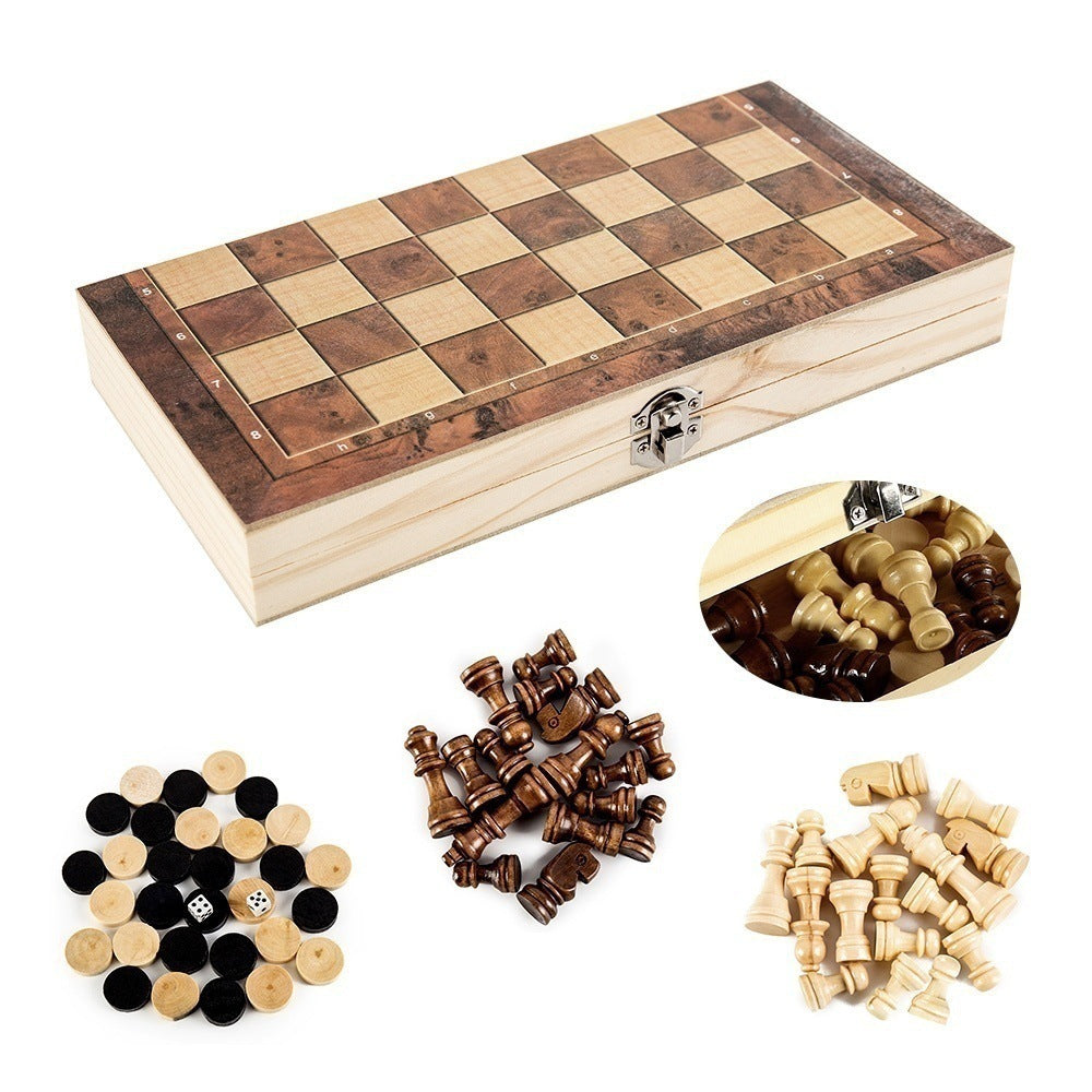 34x34cm Folding Chessboard Game 3-in-1 Multifunctional Wooden Chess Set for Adults and Kids