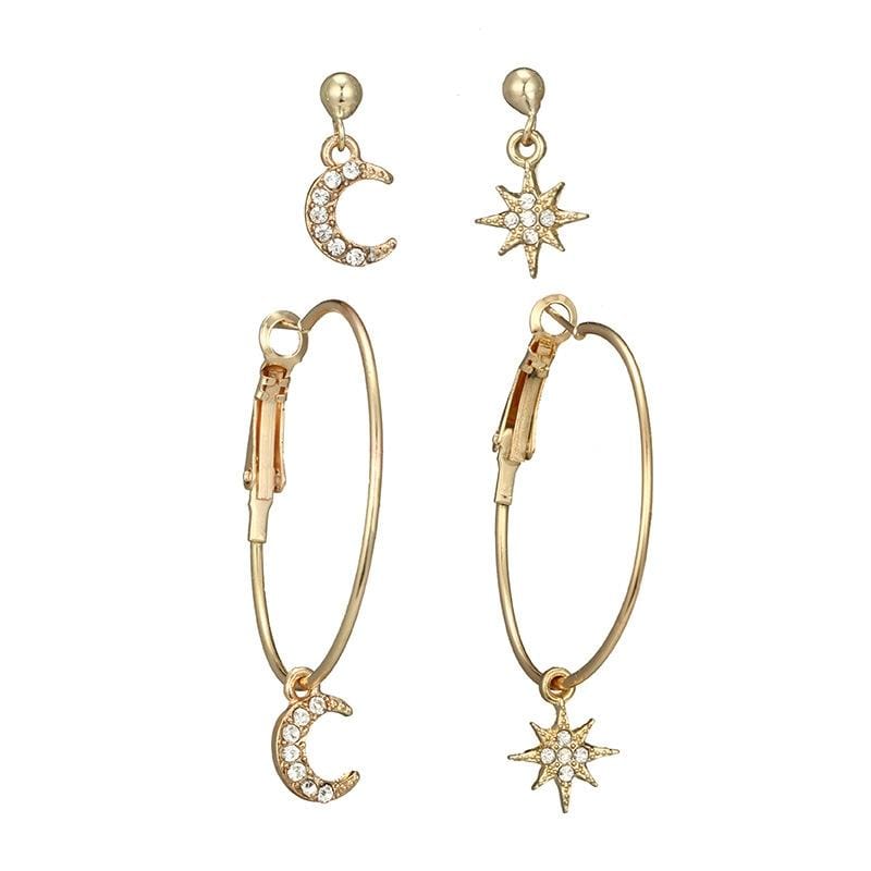 4 Pairs Ladies Crystal Earrings Stars The Moon Ear Ring Suit (Gold)