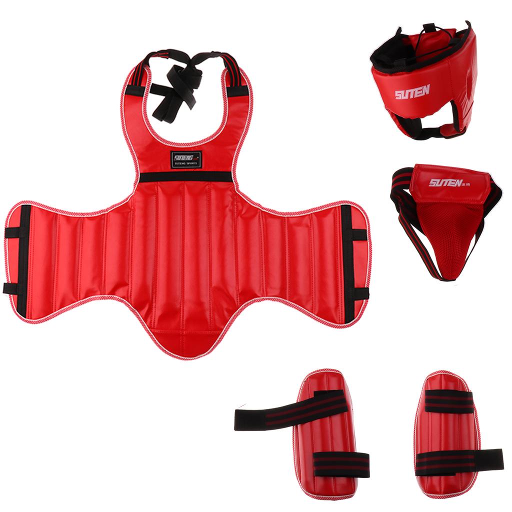 PU Boxing Protective Gear Set Shin Leg Chest Guard Helmet Groin Guard Red